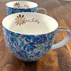 Lilly Pulitzer Floral Coffee Tea Mugs Set Gold Handle Preppy Coastal Decor‎ Blue